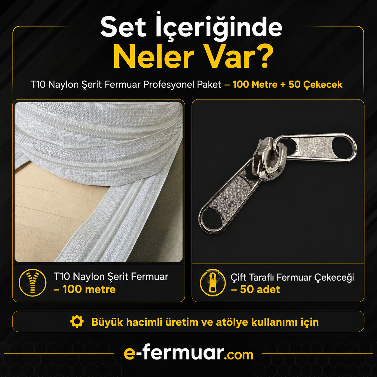 100 metre T10 naylon fermuar ve 50 dayanıklı çekecek içeren set, çeşitli projeler için ideal.