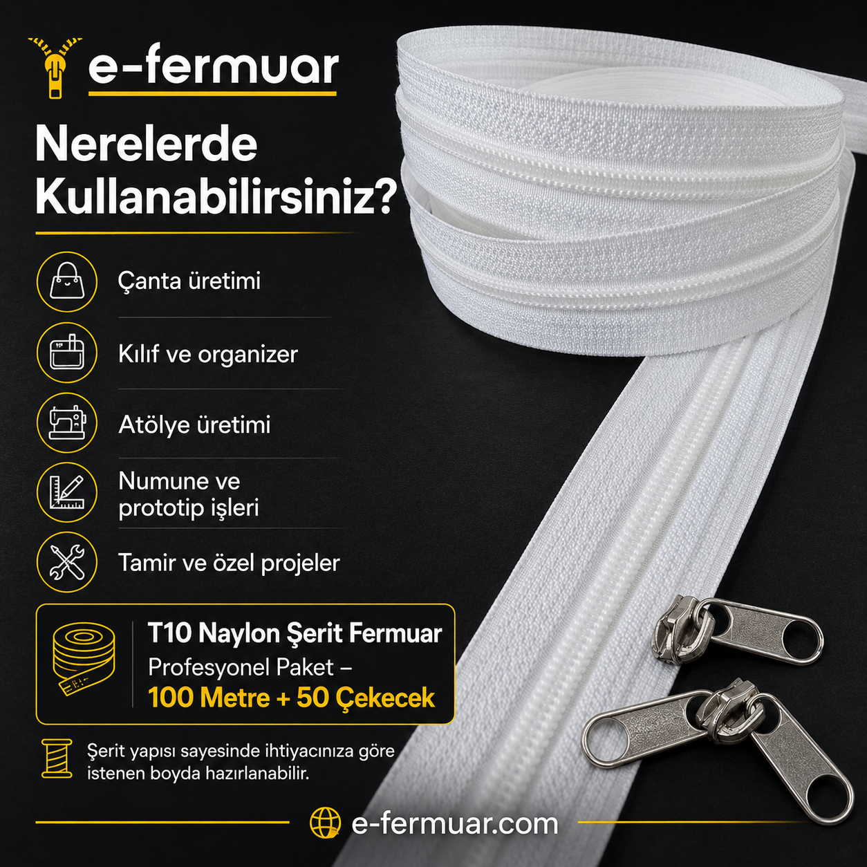 100 metre T10 naylon fermuar ve 50 dayanıklı çekecek içeren set, çeşitli projeler için ideal.