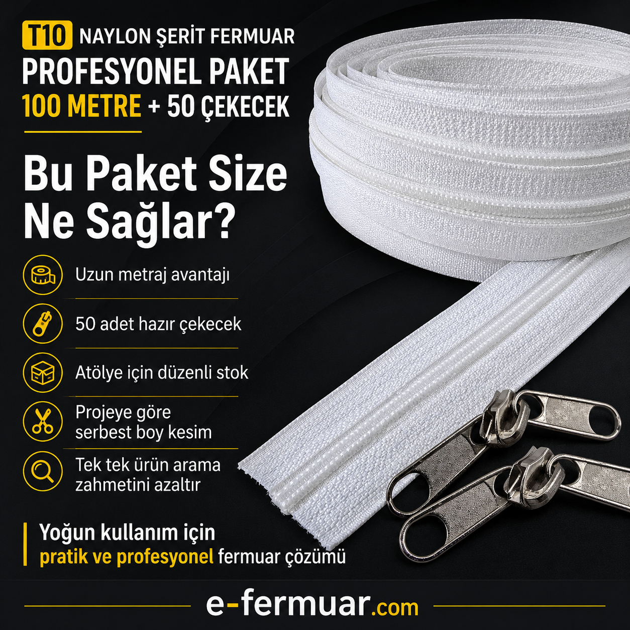 100 metre T10 naylon fermuar ve 50 dayanıklı çekecek içeren set, çeşitli projeler için ideal.