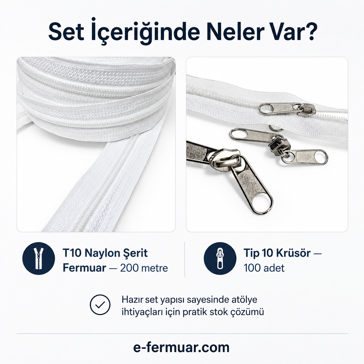 Çanta, Kılıf ve Atölyeler İçin T10 Naylon Şerit Fermuar Seti – 200 Metre + 100 Kürsör ST-0009T10-200M100C