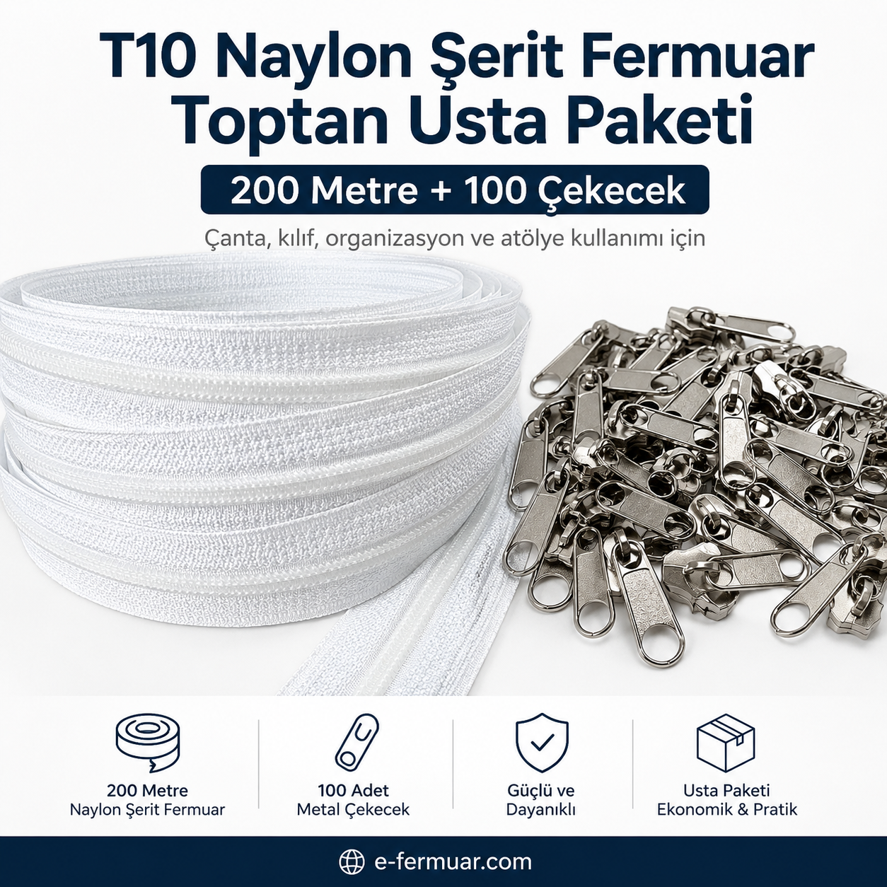 Çanta, Kılıf ve Atölyeler İçin T10 Naylon Şerit Fermuar Seti – 200 Metre + 100 Krüsör- ST-0009T10-200M100C