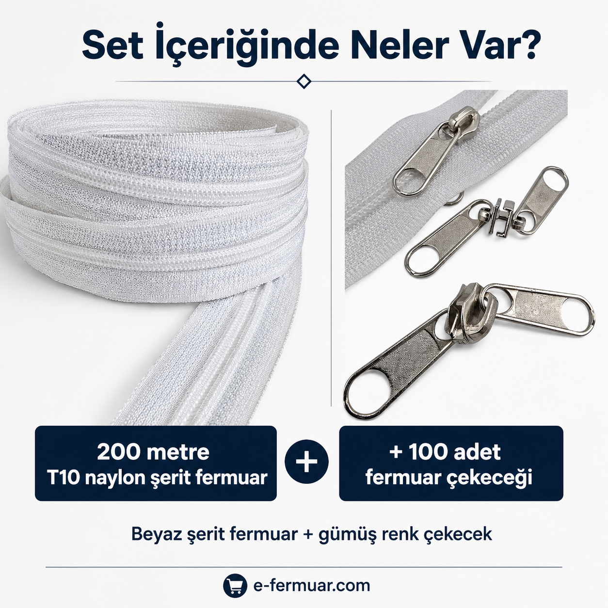 Çanta, Kılıf ve Atölyeler İçin T10 Naylon Şerit Fermuar Seti – 200 Metre + 100 Krüsör- ST-0009T10-200M100C