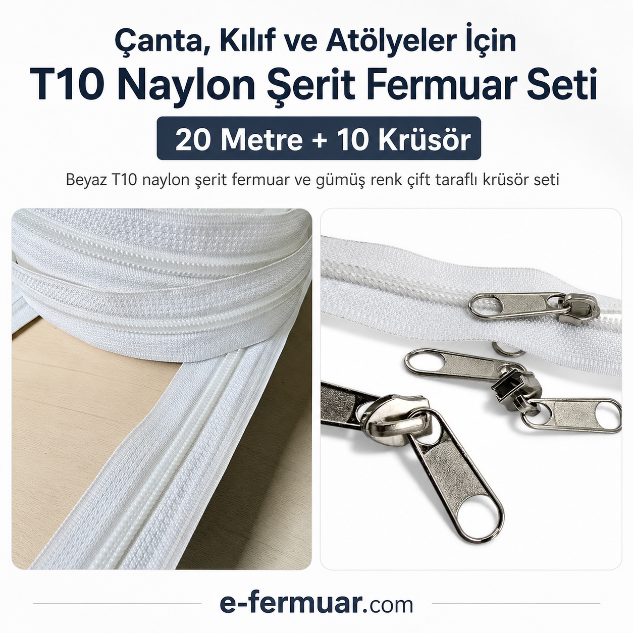 20 metre uzunluğundaki naylon fermuar ve 10 adet çekecek içeren pratik set.