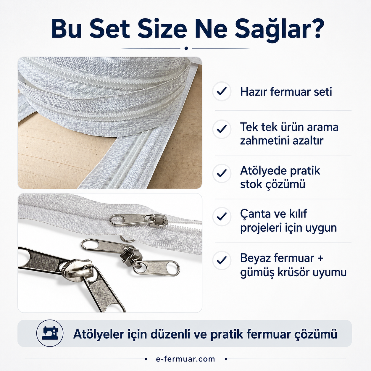 20 metre uzunluğundaki naylon fermuar ve 10 adet çekecek içeren pratik set.