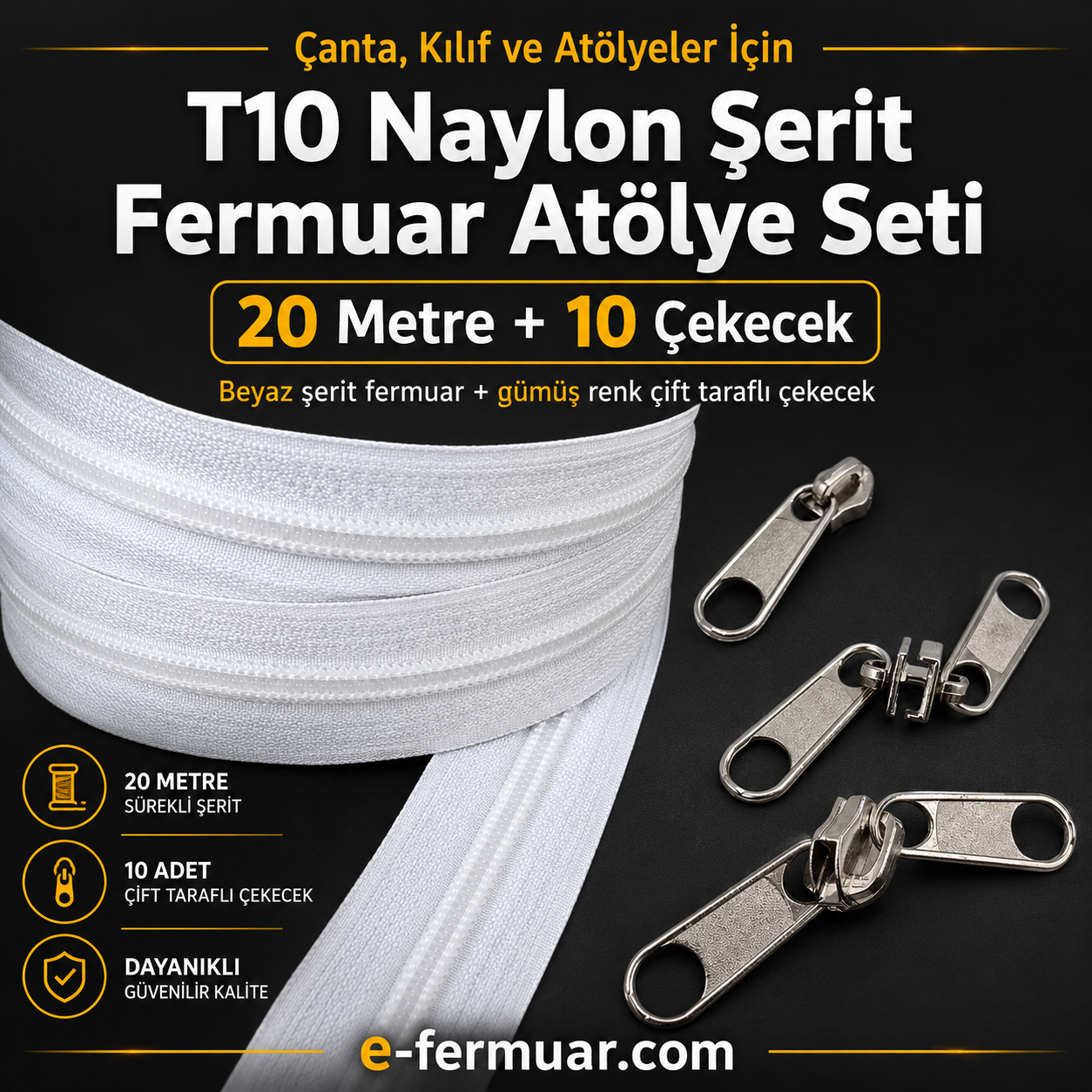 20 metre uzunlukta naylon fermuar ve 10 adet çekecek içeren set, çeşitli projeler için ideal.