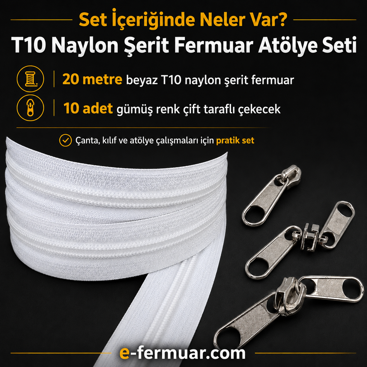 20 metre uzunlukta naylon fermuar ve 10 adet çekecek içeren set, çeşitli projeler için ideal.
