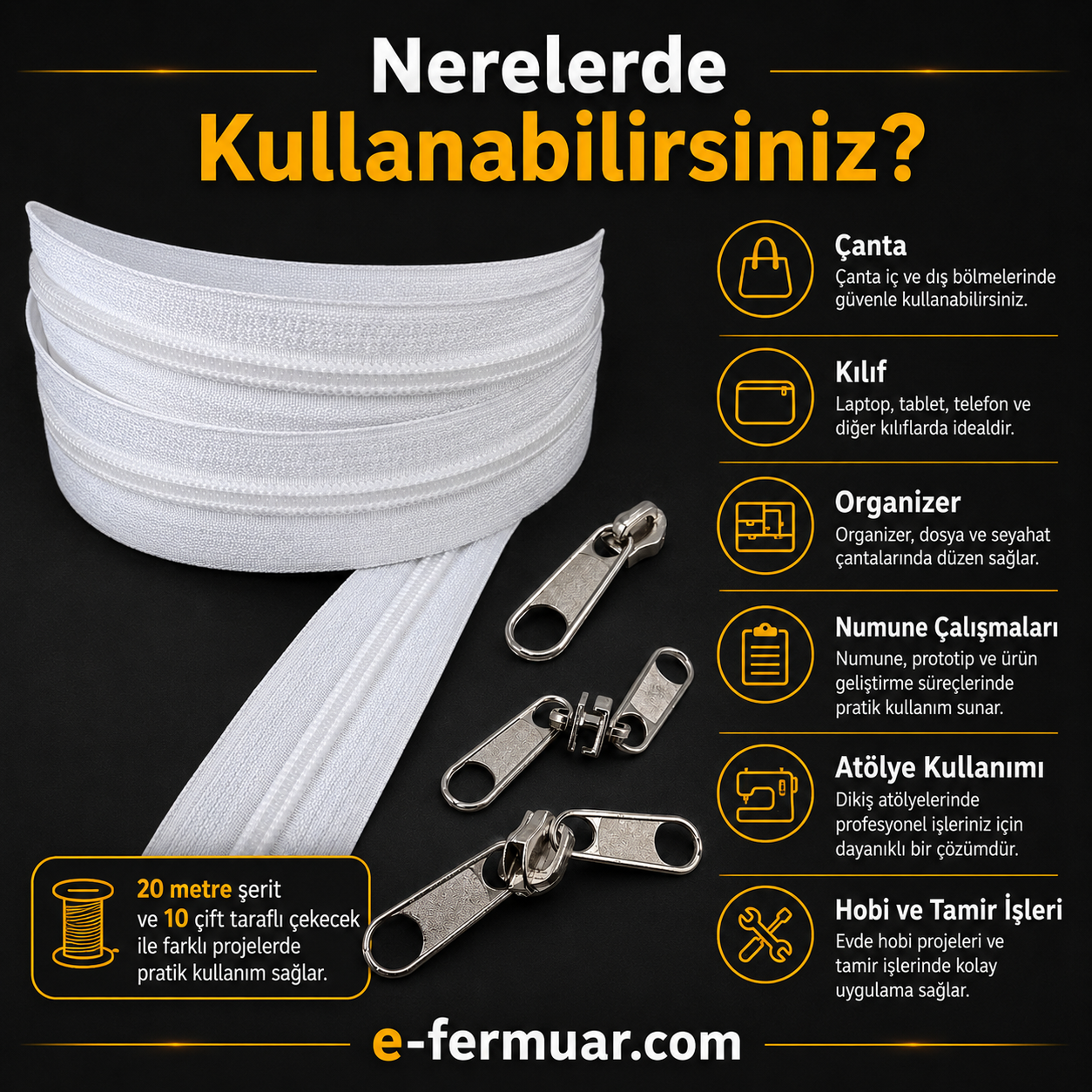 20 metre uzunlukta naylon fermuar ve 10 adet çekecek içeren set, çeşitli projeler için ideal.