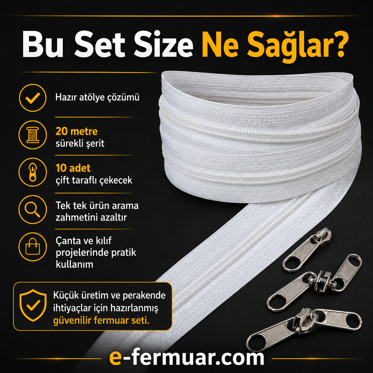 20 metre uzunlukta naylon fermuar ve 10 adet çekecek içeren set, çeşitli projeler için ideal.