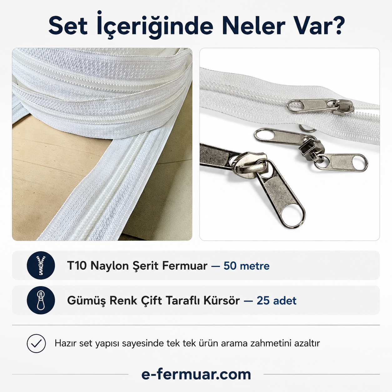 Çanta ve Kılıf Üretimi İçin T10 Naylon Şerit Fermuar Seti – 50 Metre + 25 Kürsör ST-0009T10-50M25C