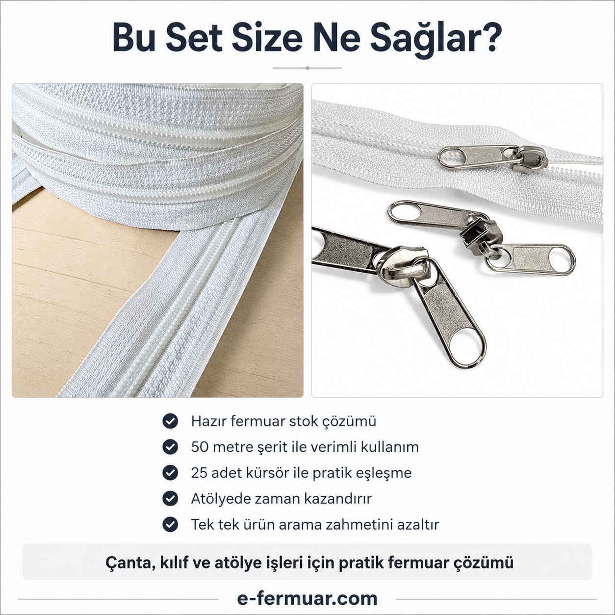 Çanta ve Kılıf Üretimi İçin T10 Naylon Şerit Fermuar Seti – 50 Metre + 25 Kürsör ST-0009T10-50M25C