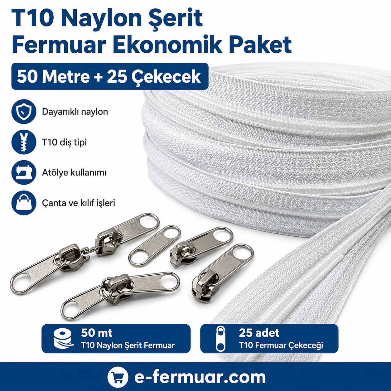 Çanta, Kılıf ve Atölyeler İçin T10 Naylon Şerit Fermuar Seti – 50 Metre + 25 Krüsör- ST-0009T10-50M25C