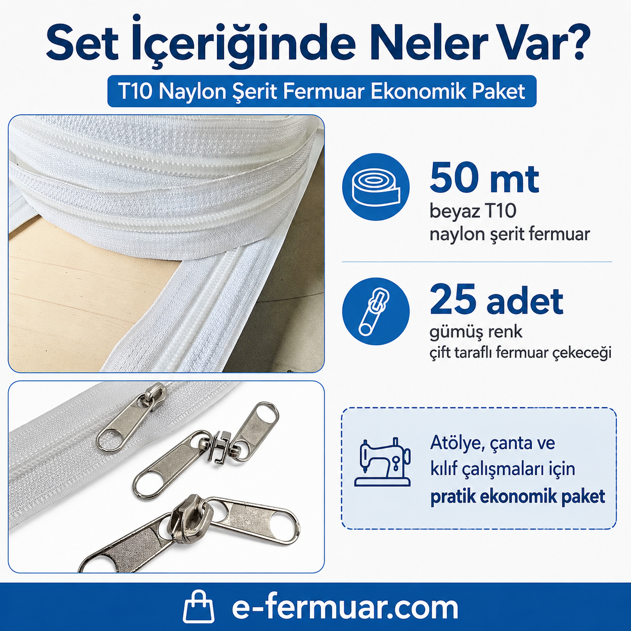 Çanta, Kılıf ve Atölyeler İçin T10 Naylon Şerit Fermuar Seti – 50 Metre + 25 Krüsör- ST-0009T10-50M25C