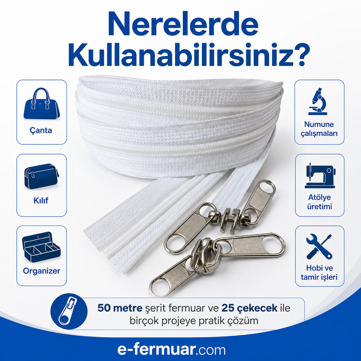 Çanta, Kılıf ve Atölyeler İçin T10 Naylon Şerit Fermuar Seti – 50 Metre + 25 Krüsör- ST-0009T10-50M25C