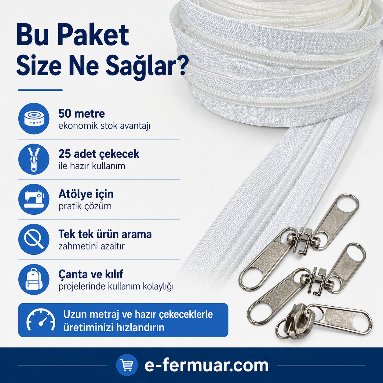 Çanta, Kılıf ve Atölyeler İçin T10 Naylon Şerit Fermuar Seti – 50 Metre + 25 Krüsör- ST-0009T10-50M25C