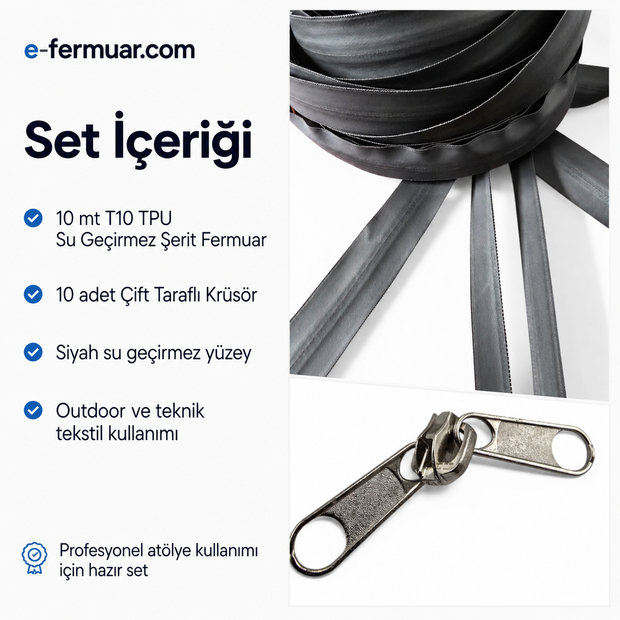 T10 TPU Waterproof Zipper Tape Set for Outdoor and Technical Textiles – 10 Meters + 10 Sliders - ST-0010