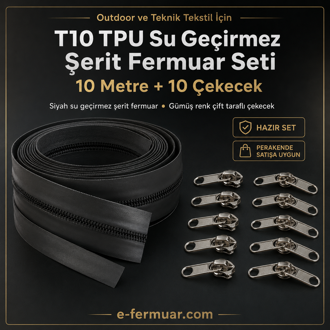 Outdoor ve Teknik Tekstil İçin T10 TPU Su Geçirmez Şerit Fermuar Seti – 10 Metre + 10 Çekecek - ST-0010