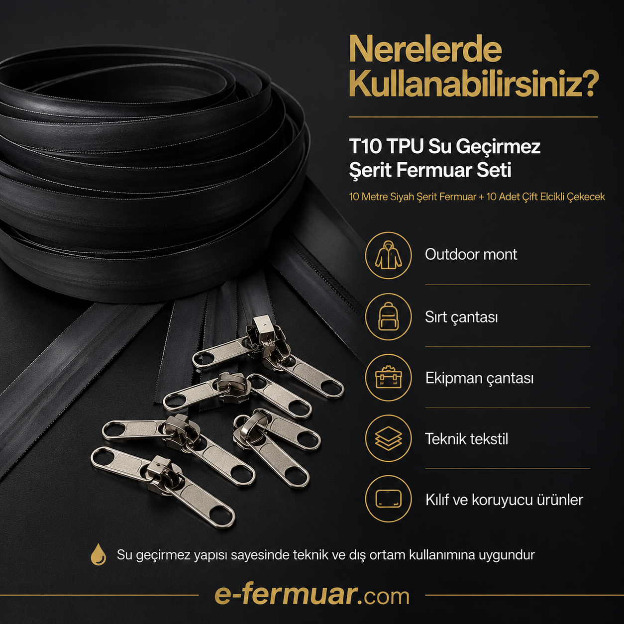 Outdoor ve Teknik Tekstil İçin T10 TPU Su Geçirmez Şerit Fermuar Seti – 10 Metre + 10 Çekecek - ST-0010