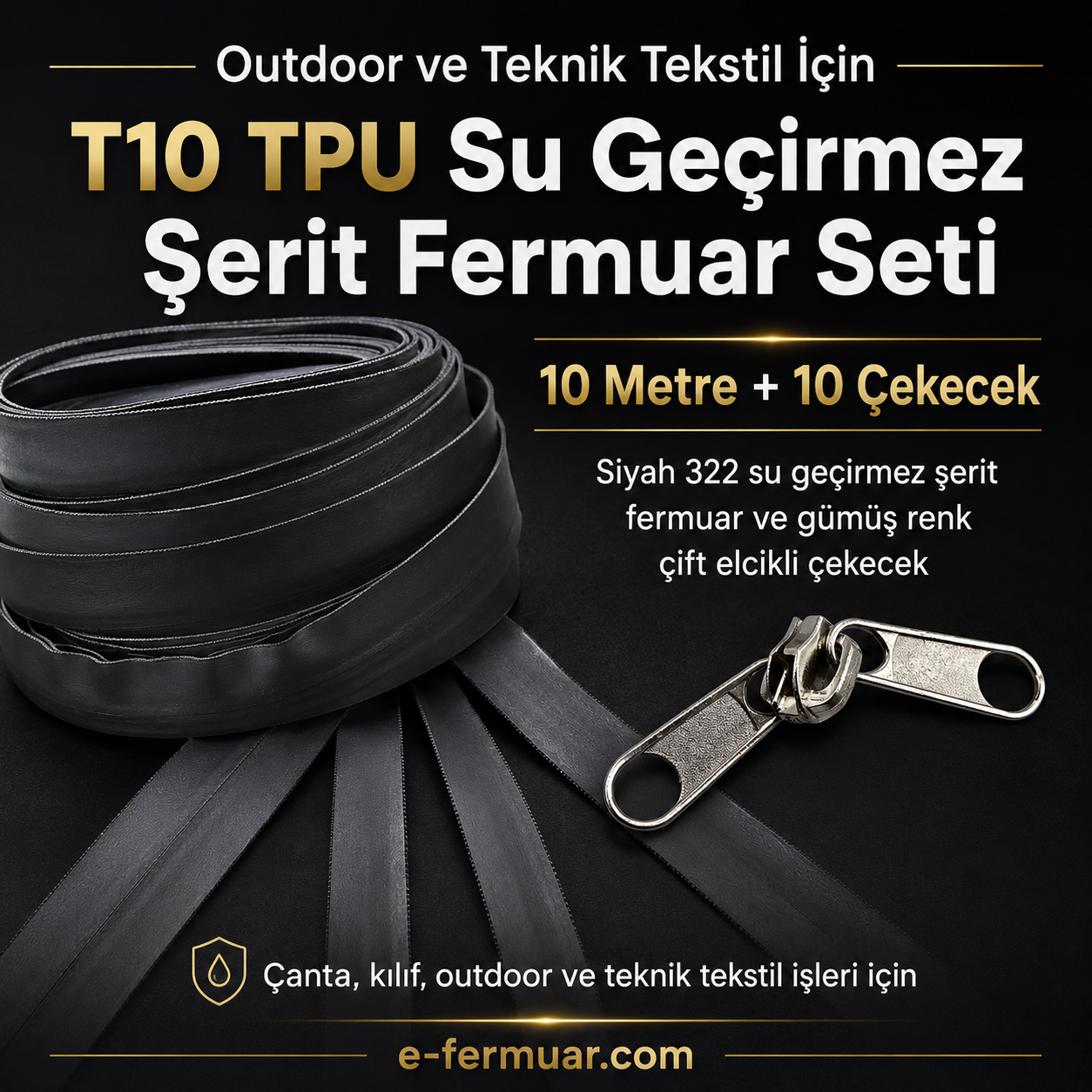 10-metre #5 TPU waterproof zipper set, ideal for outdoor projects.
