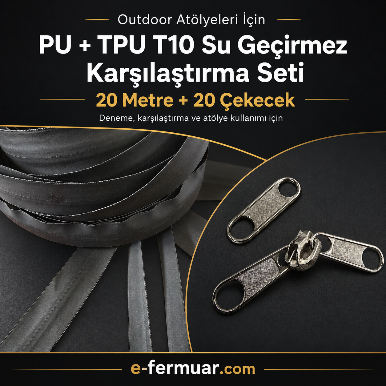 Outdoor atölyeler için ideal, 20m su geçirmez fermuar seti.