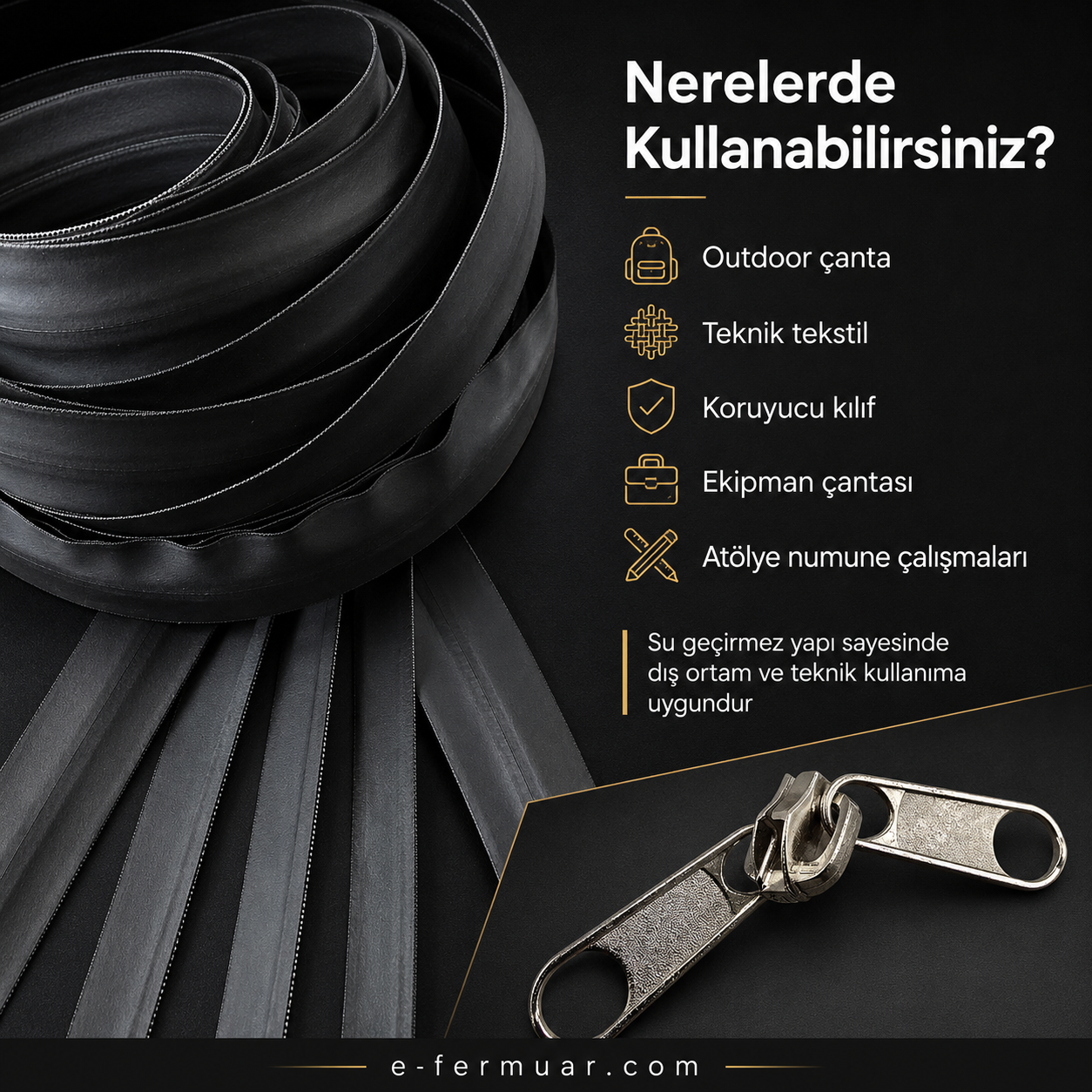 Outdoor atölyeler için ideal, 20m su geçirmez fermuar seti.