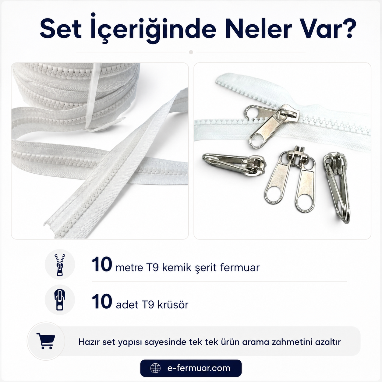 Branda ve Çadır Atölyeleri İçin T9 Kemik Şerit Fermuar Seti – 10 Metre + 10 Krüsör- ST-0012