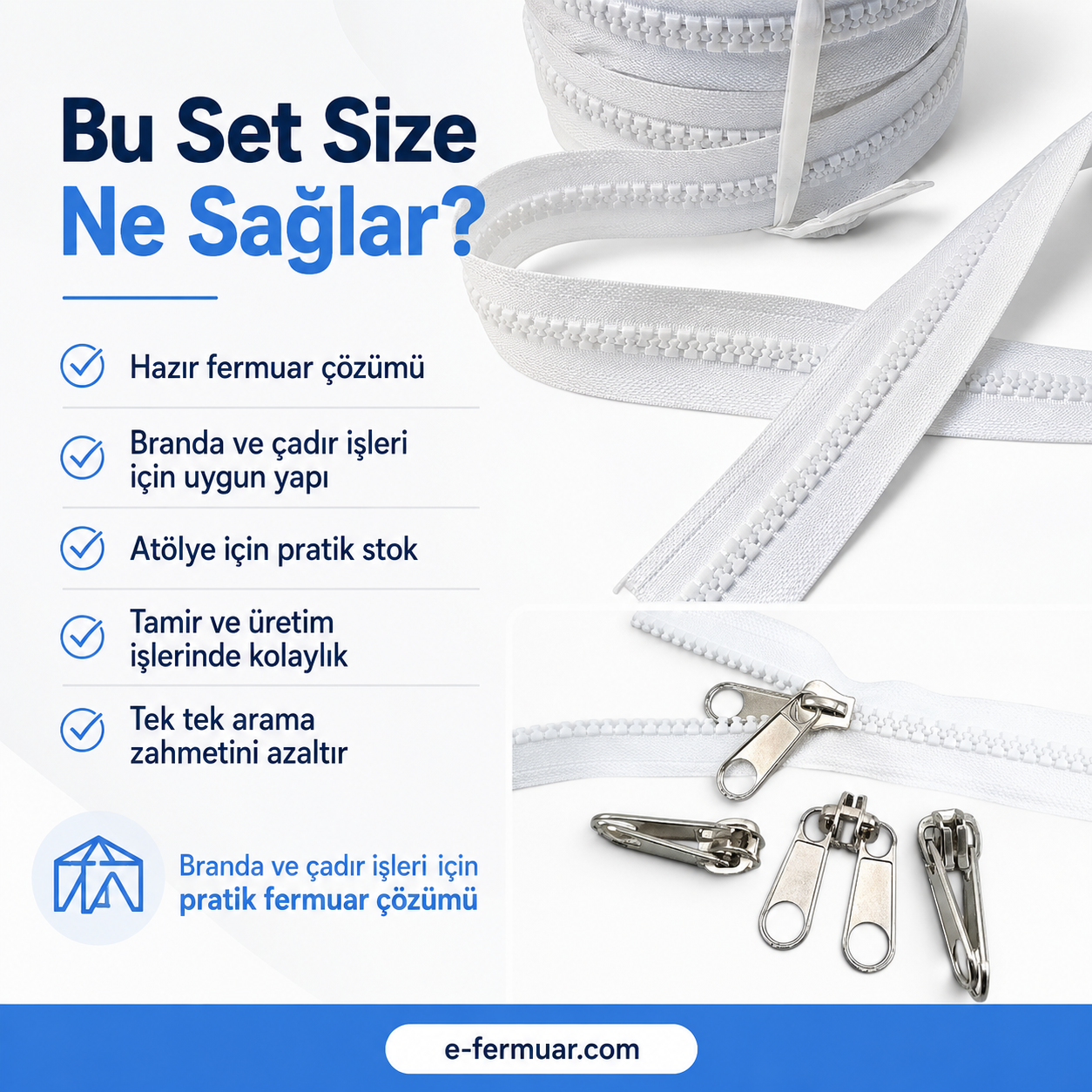 Branda ve Çadır Atölyeleri İçin T9 Kemik Şerit Fermuar Seti – 10 Metre + 10 Krüsör- ST-0012