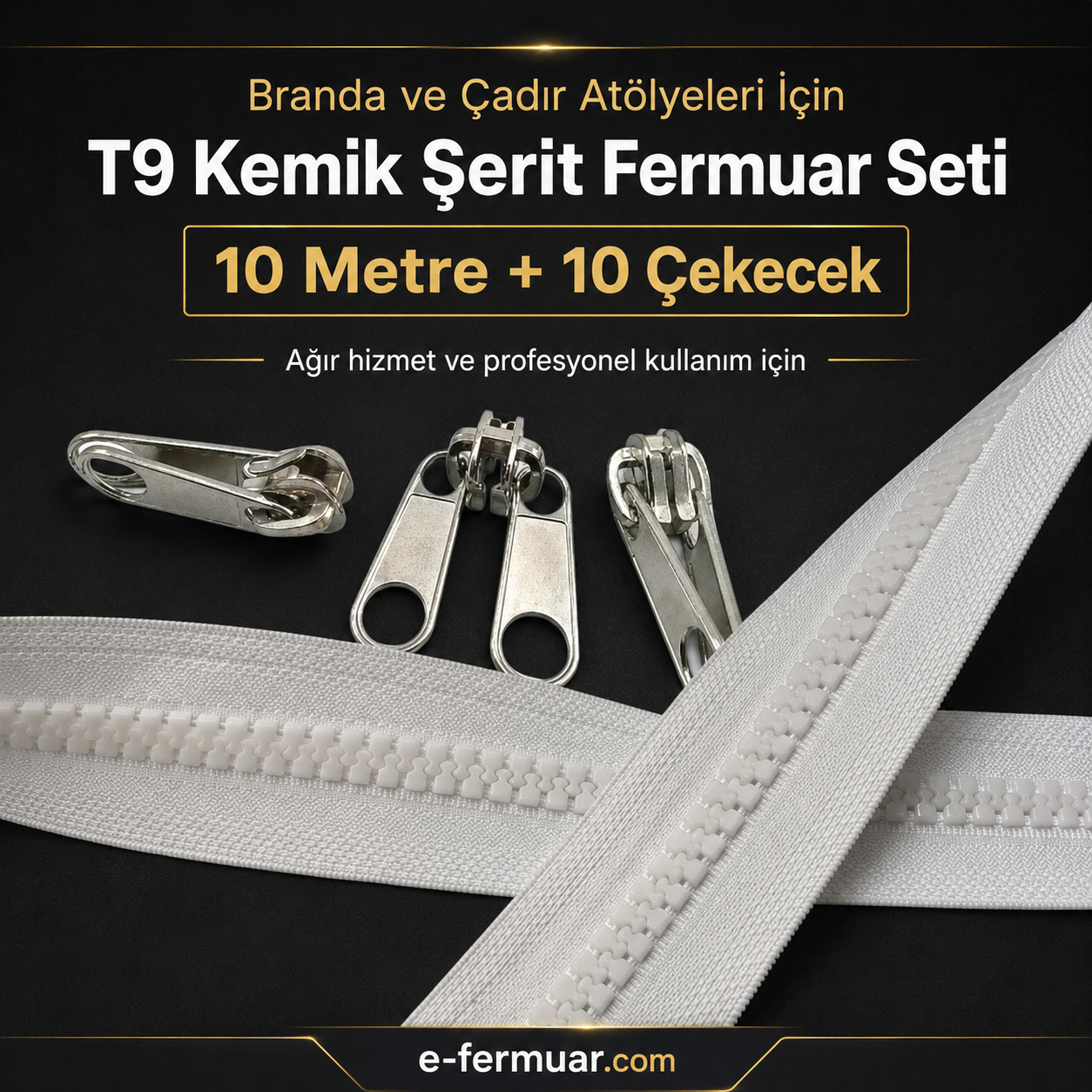 Branda ve çadır atölyeleri için 10 metre T9 fermuar ve 10 çekmeç içeren set.