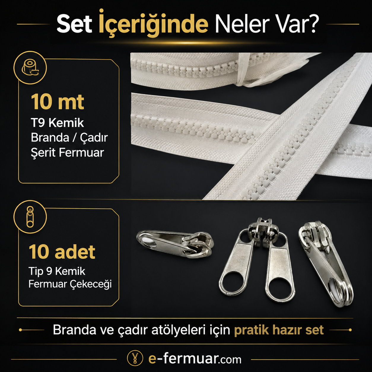 Branda ve çadır atölyeleri için 10 metre T9 fermuar ve 10 çekmeç içeren set.