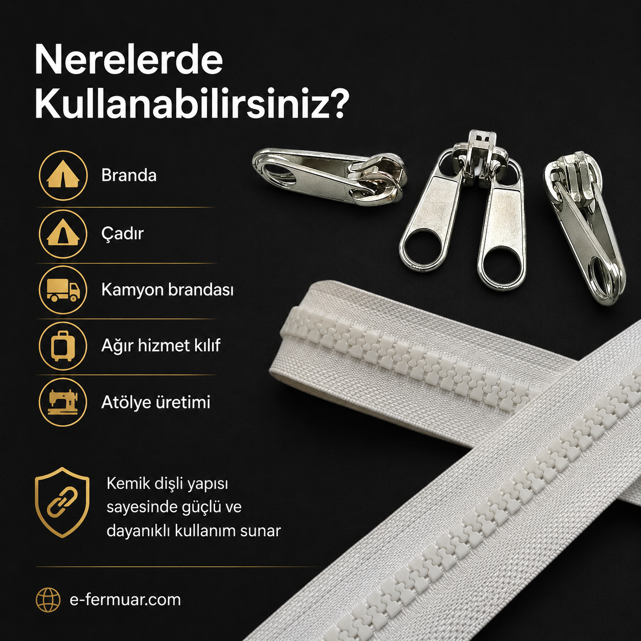 Branda ve çadır atölyeleri için 10 metre T9 fermuar ve 10 çekmeç içeren set.