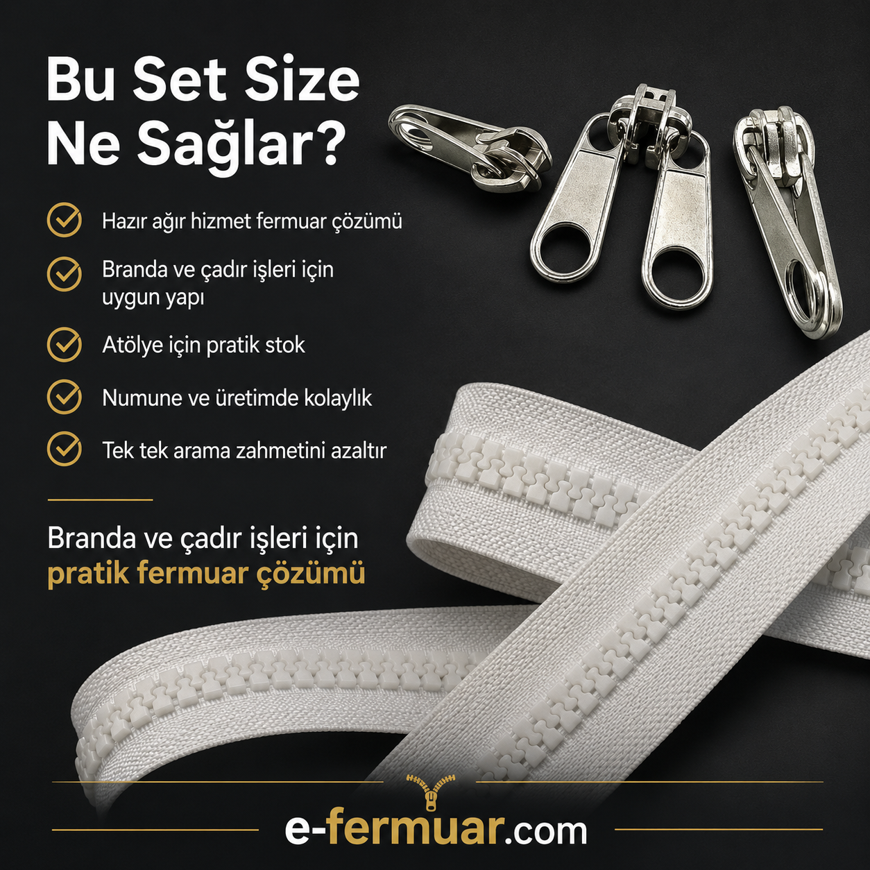 Branda ve çadır atölyeleri için 10 metre T9 fermuar ve 10 çekmeç içeren set.
