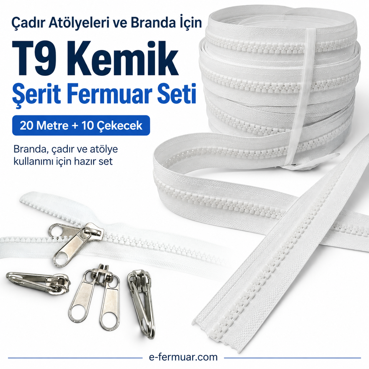 Branda ve çadır atölyeleri için 20 metre T9 kemik şerit fermuar ve 10 çekecek.