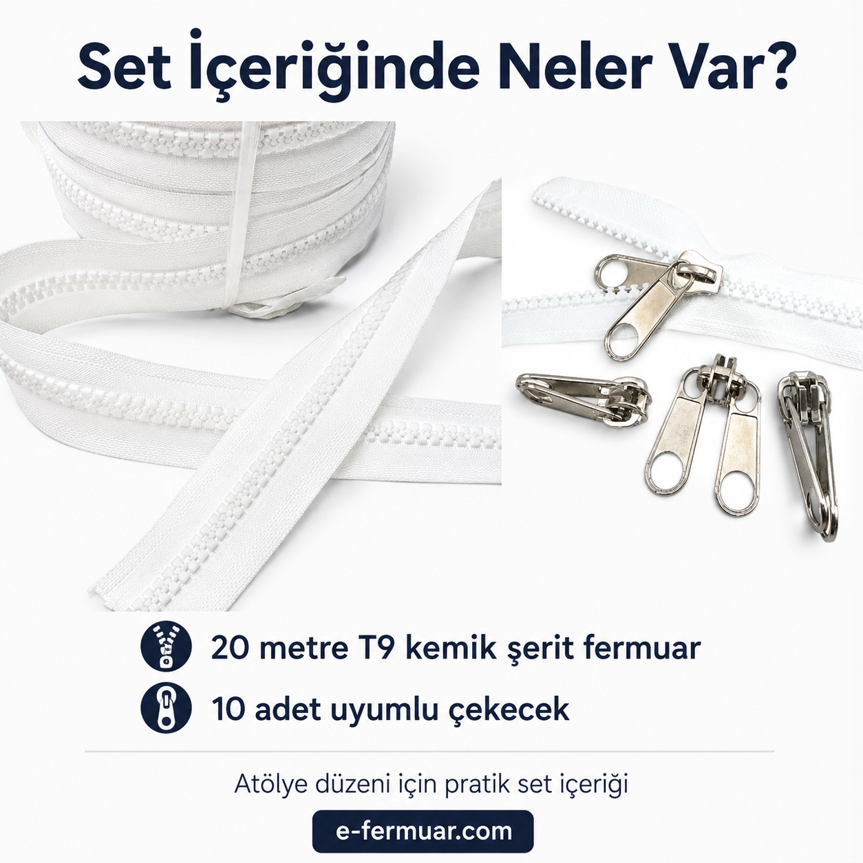 Branda ve çadır atölyeleri için 20 metre T9 kemik şerit fermuar ve 10 çekecek.