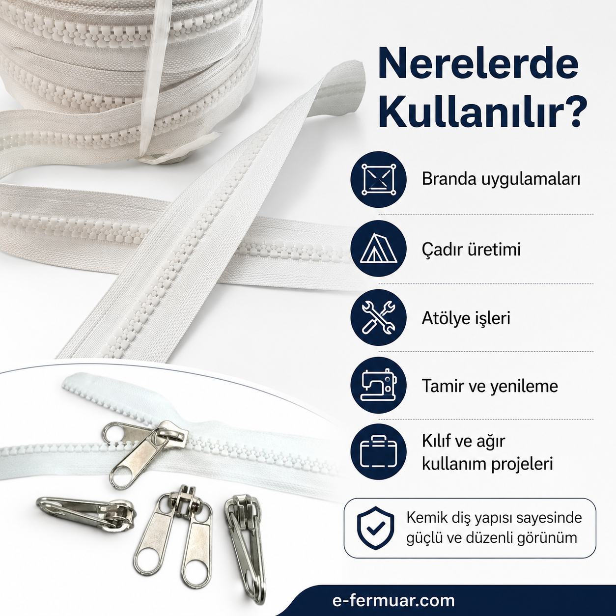 Branda ve çadır atölyeleri için 20 metre T9 kemik şerit fermuar ve 10 çekecek.