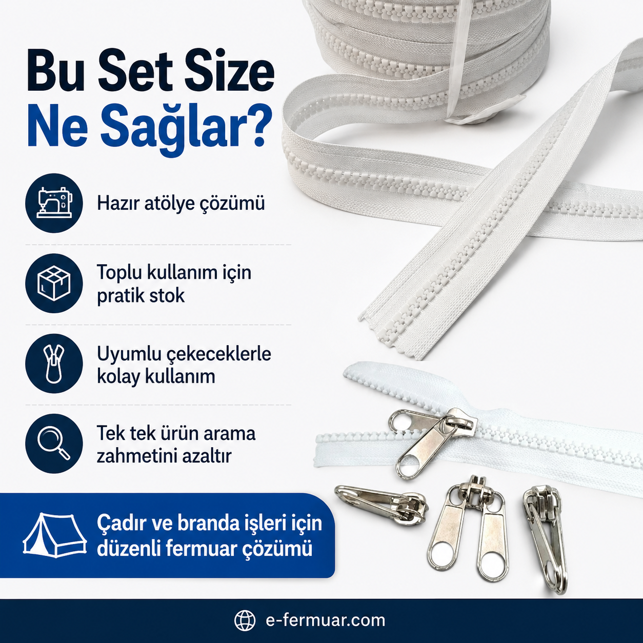Branda ve çadır atölyeleri için 20 metre T9 kemik şerit fermuar ve 10 çekecek.
