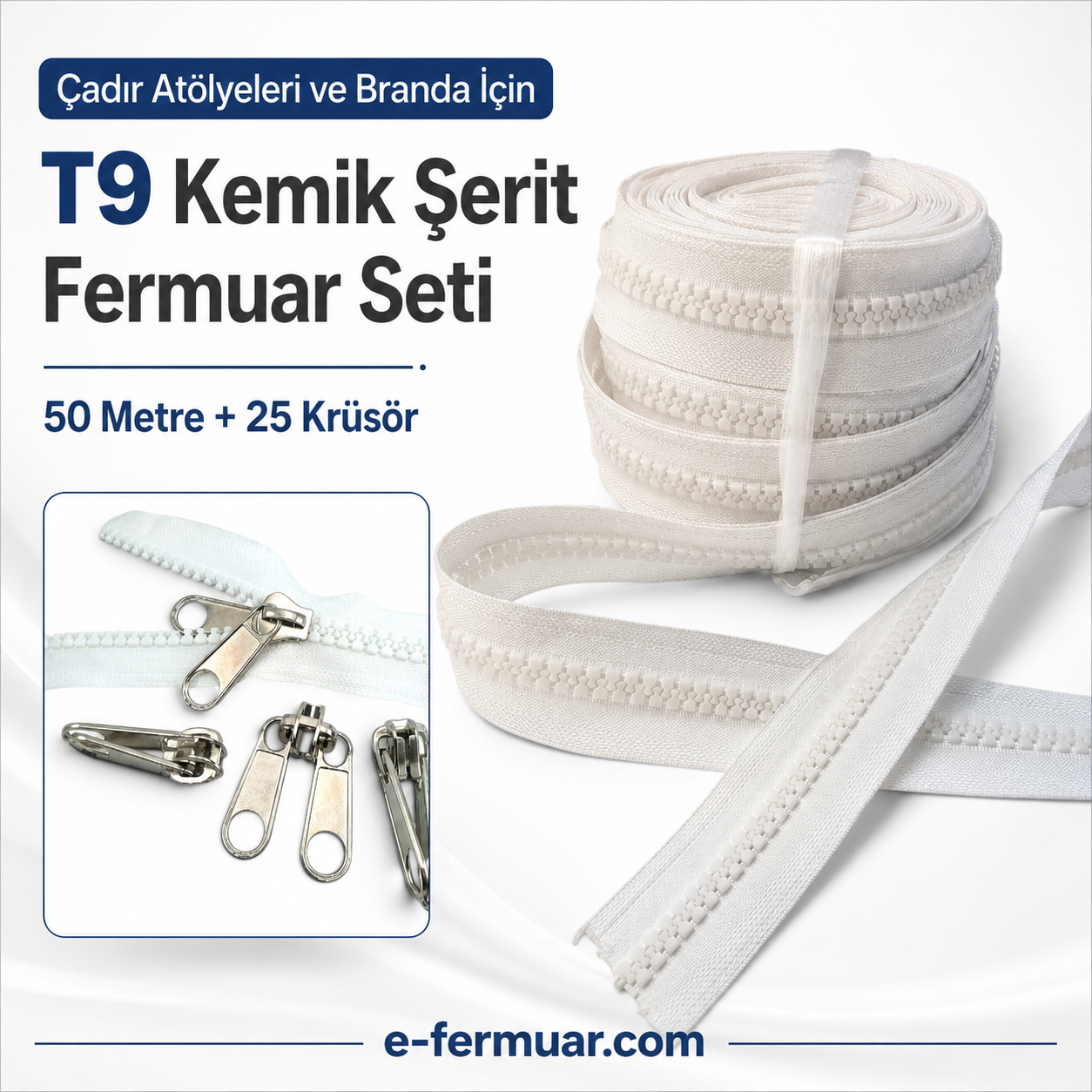 Durable and long-lasting #5 chunky tape zipper, 50 metres long with 25 sliders.