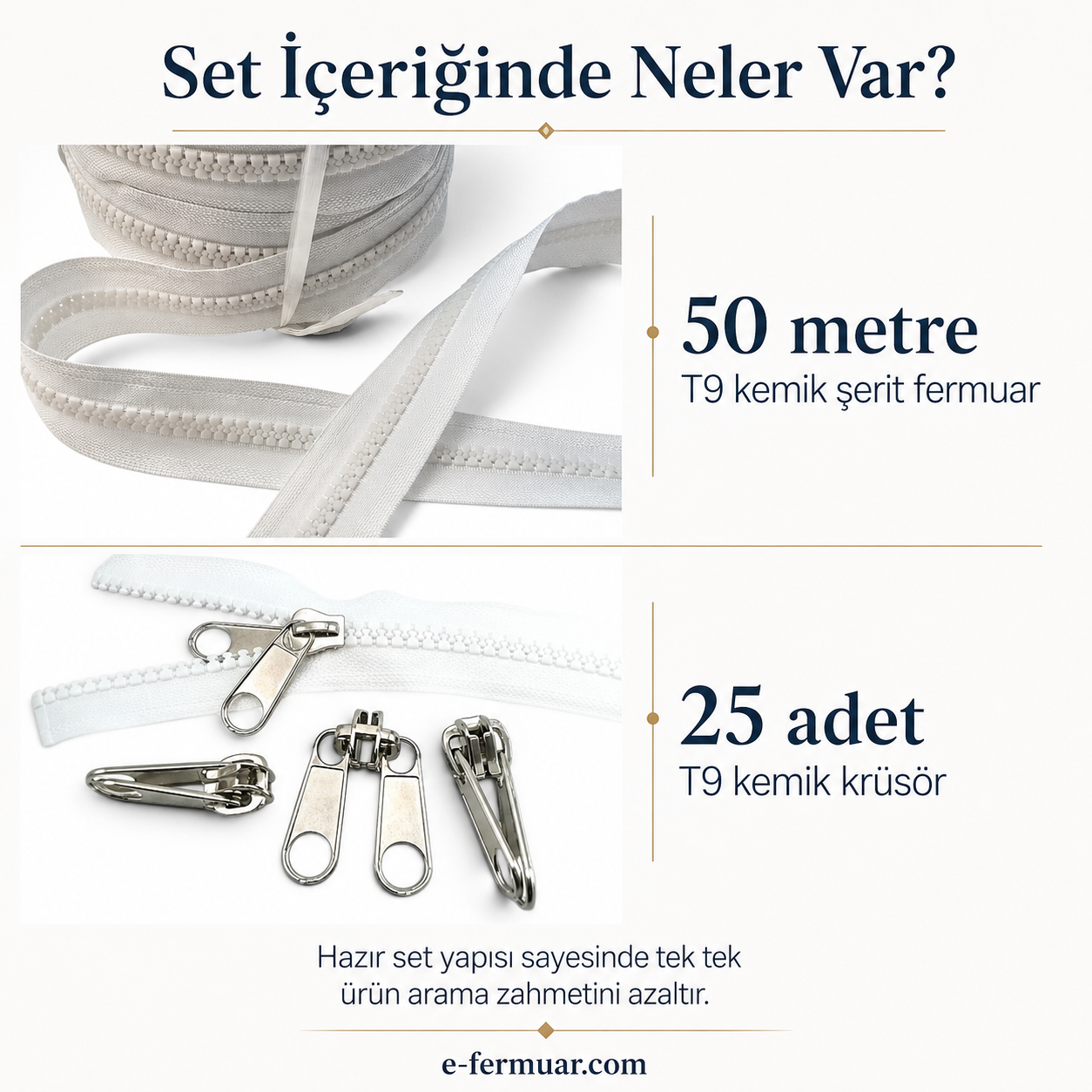 Durable and long-lasting #5 chunky tape zipper, 50 metres long with 25 sliders.