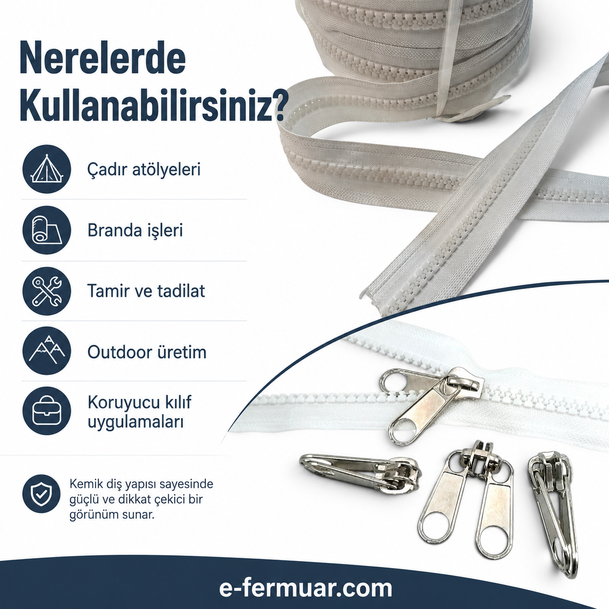 Durable and long-lasting #5 chunky tape zipper, 50 metres long with 25 sliders.