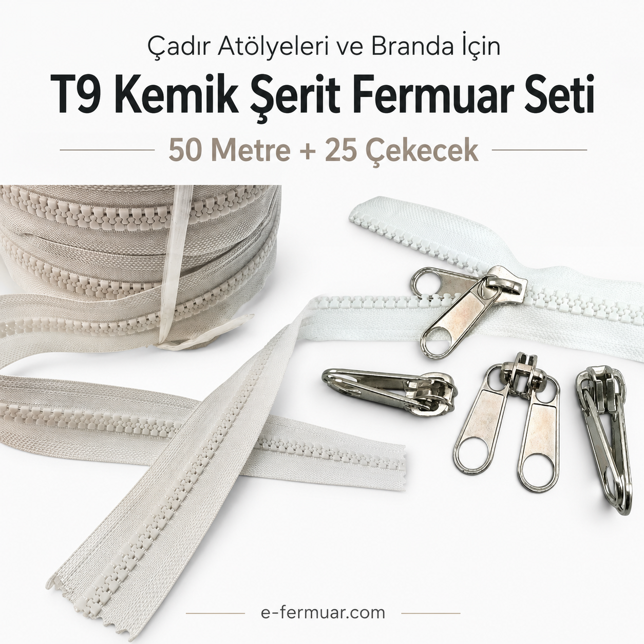 Branda ve çadır üretimi için 50m T9 kemik şerit fermuar ve 25 çekmece.