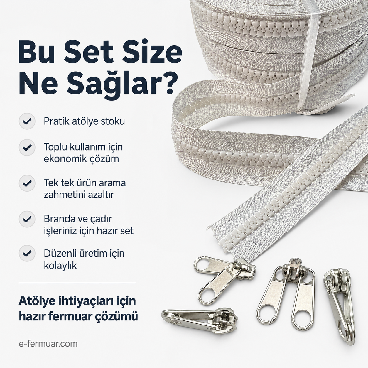 Branda ve çadır üretimi için 50m T9 kemik şerit fermuar ve 25 çekmece.