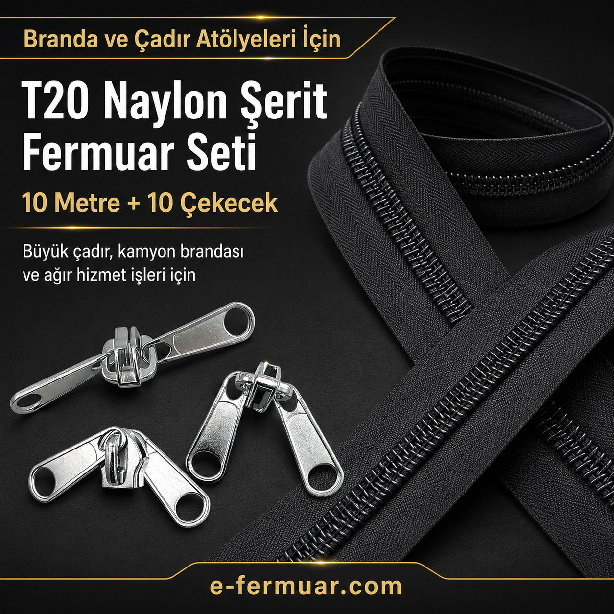 10 metre uzunluğunda T20 naylon fermuar ve 10 sağlam çekmece içeren set.