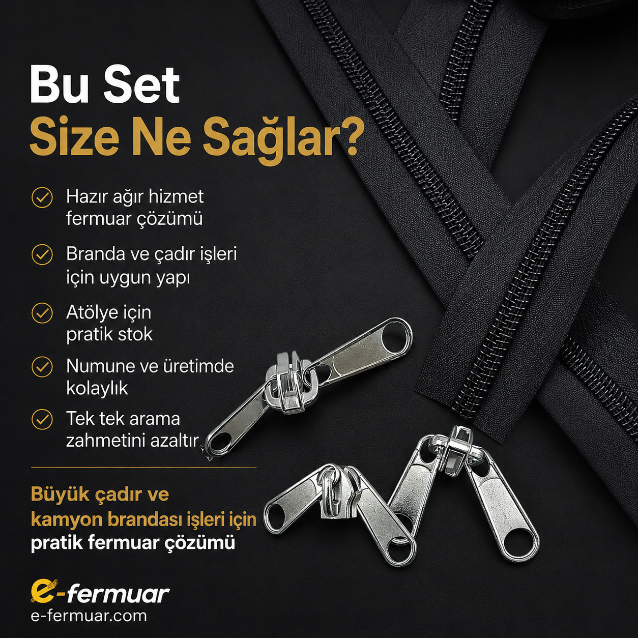 10 metre uzunluğunda T20 naylon fermuar ve 10 sağlam çekmece içeren set.
