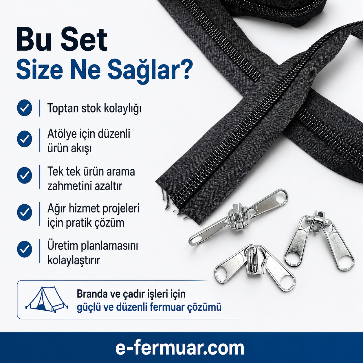 100 metre T20 naylon fermuar ve 50 krüsör içeren dayanıklı set.