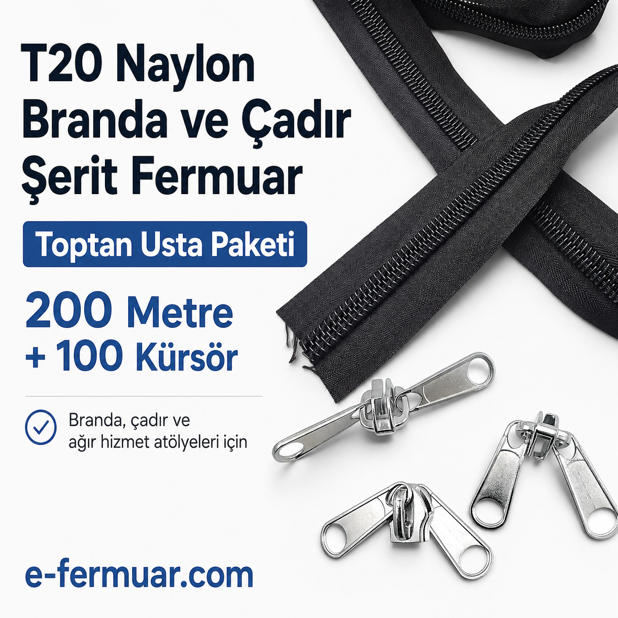 200 metre uzunluğundaki T20 naylon fermuar ve 100 krüsör içerir.