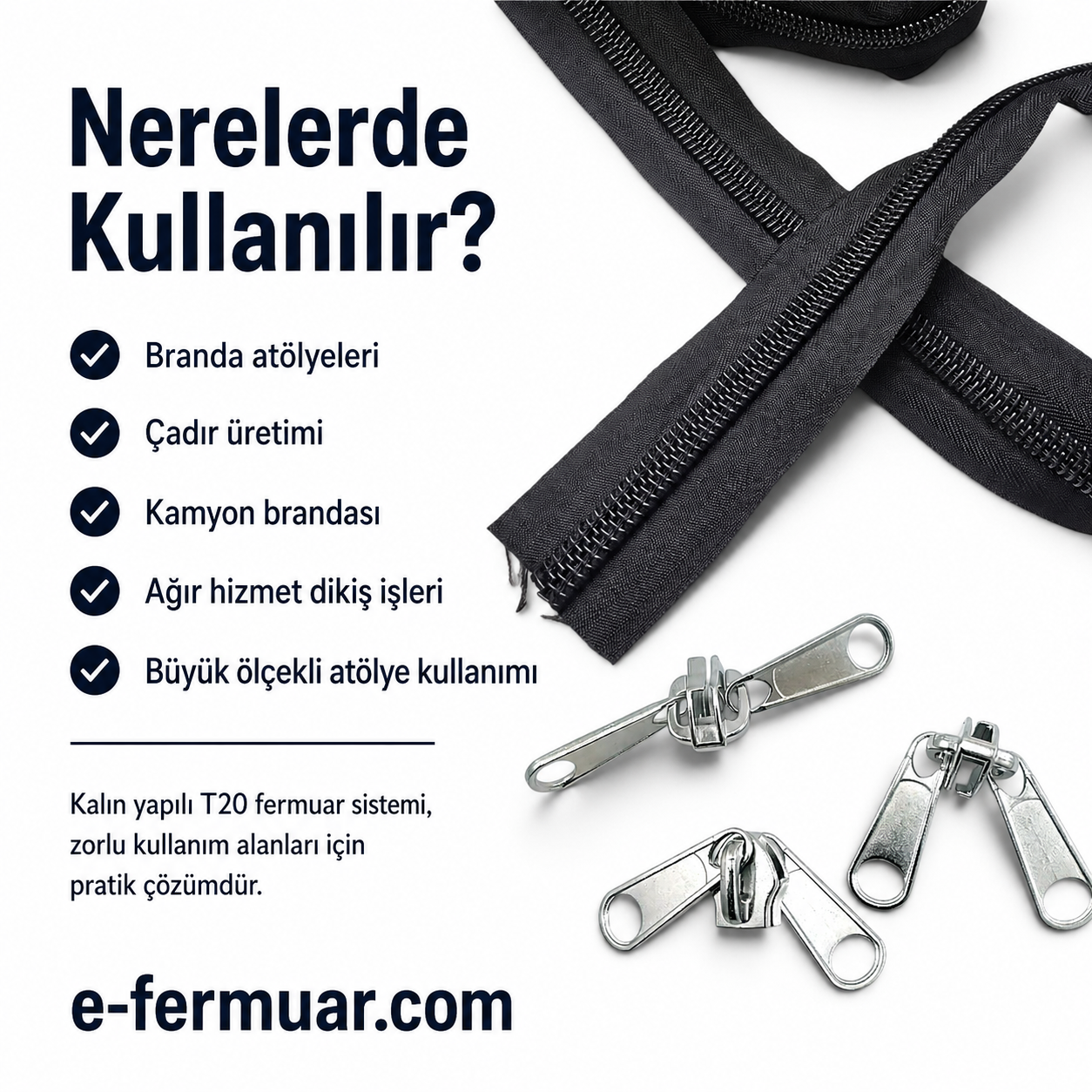 200 metre uzunluğundaki T20 naylon fermuar ve 100 krüsör içerir.