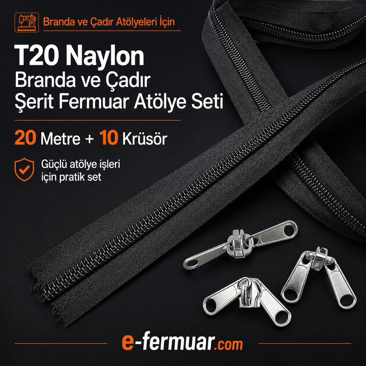 Branda ve çadır atölyeleri için ideal, 20 metre uzunluğunda T20 naylon fermuar seti.
