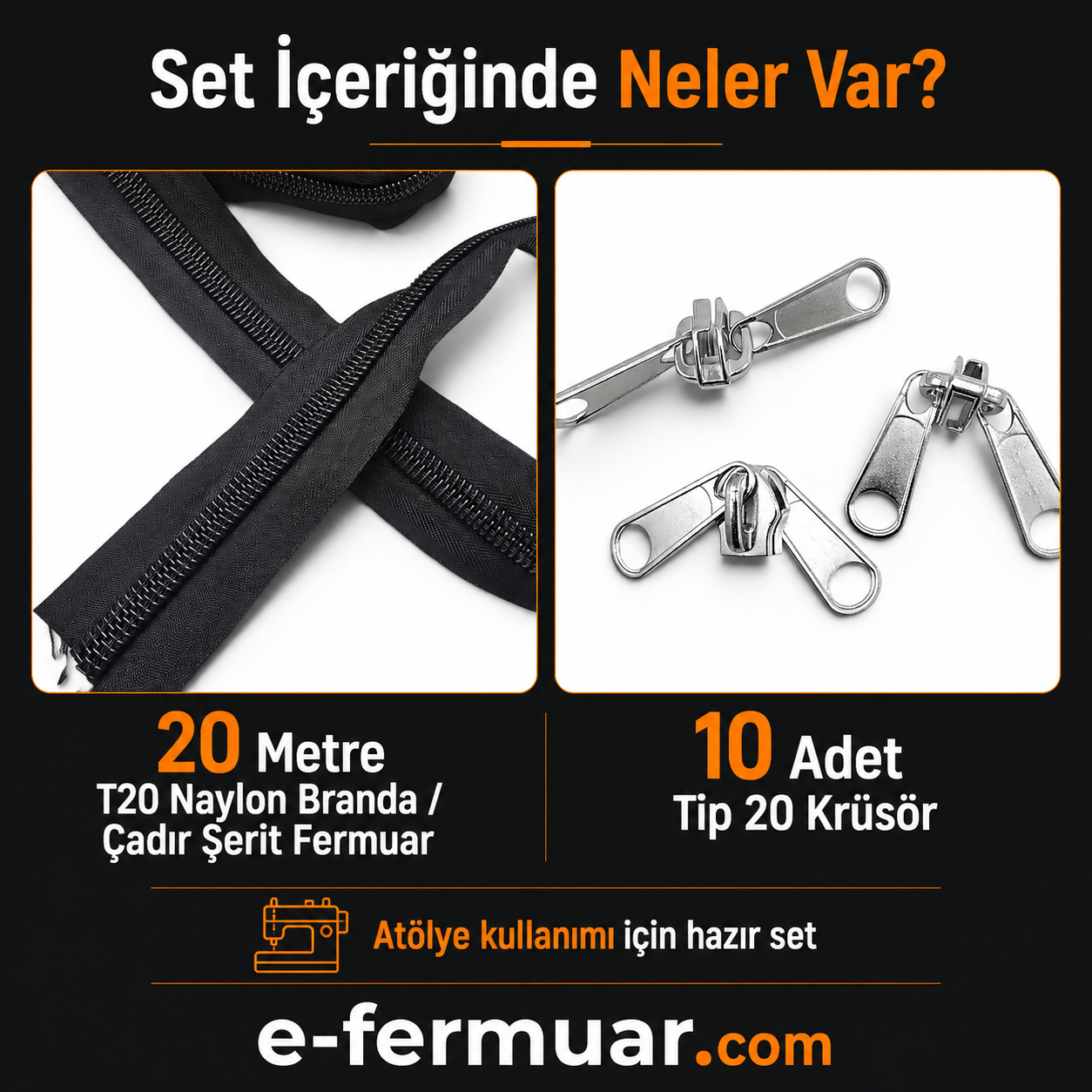 Branda ve çadır atölyeleri için ideal, 20 metre uzunluğunda T20 naylon fermuar seti.