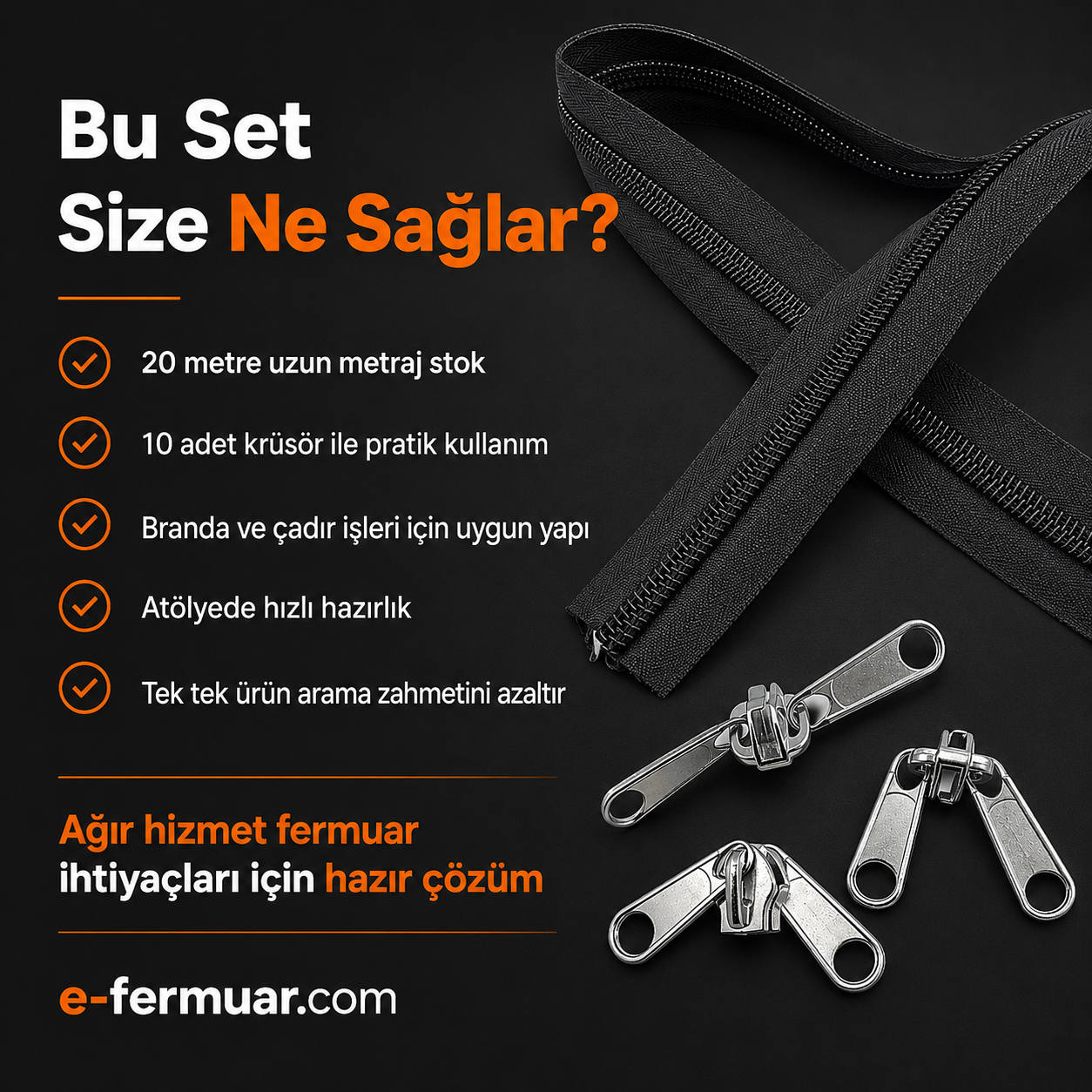 Branda ve çadır atölyeleri için ideal, 20 metre uzunluğunda T20 naylon fermuar seti.