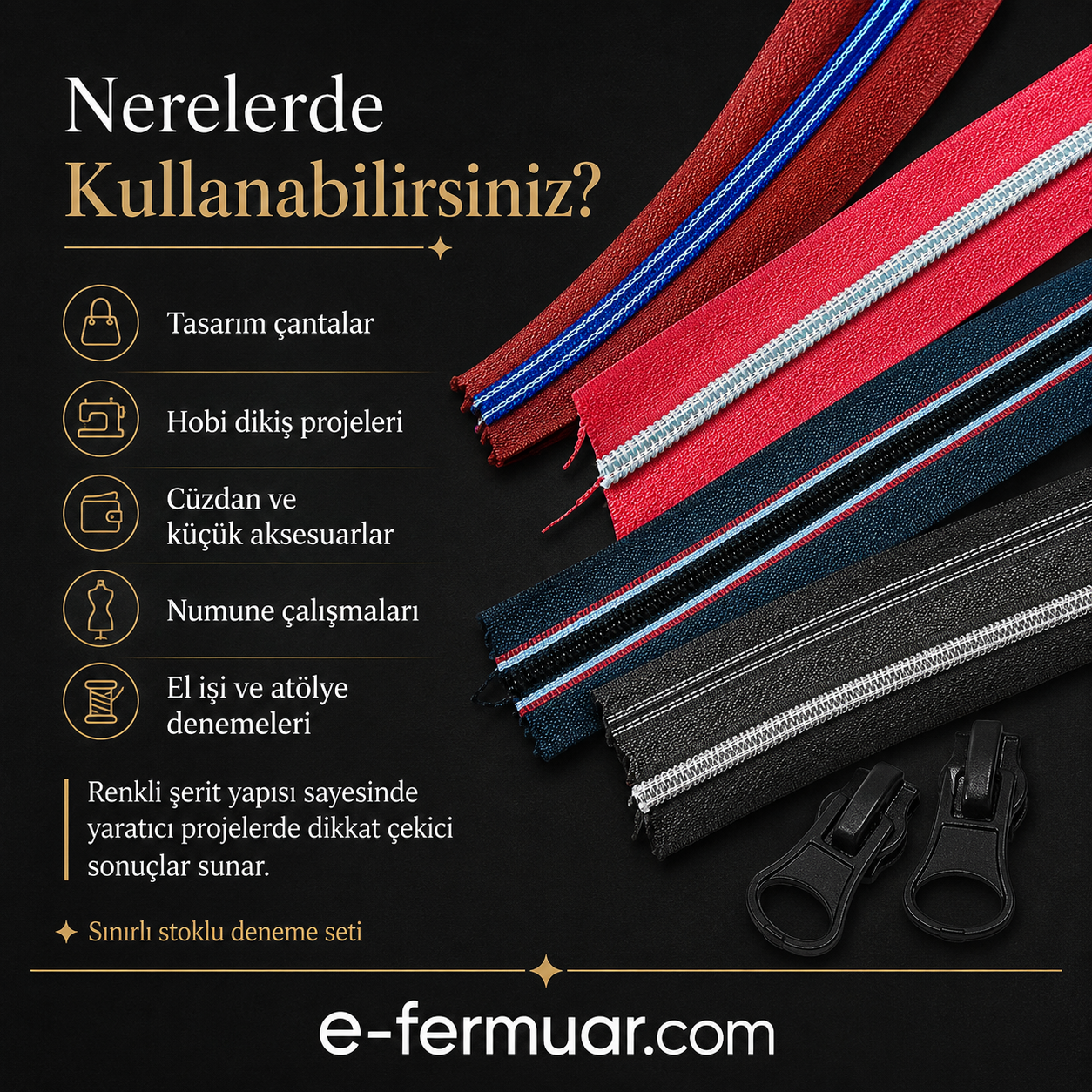 Renkli ve dayanıklı T10 fermuar seti, 8 metre uzunluk ve 8 çekecek ile.
