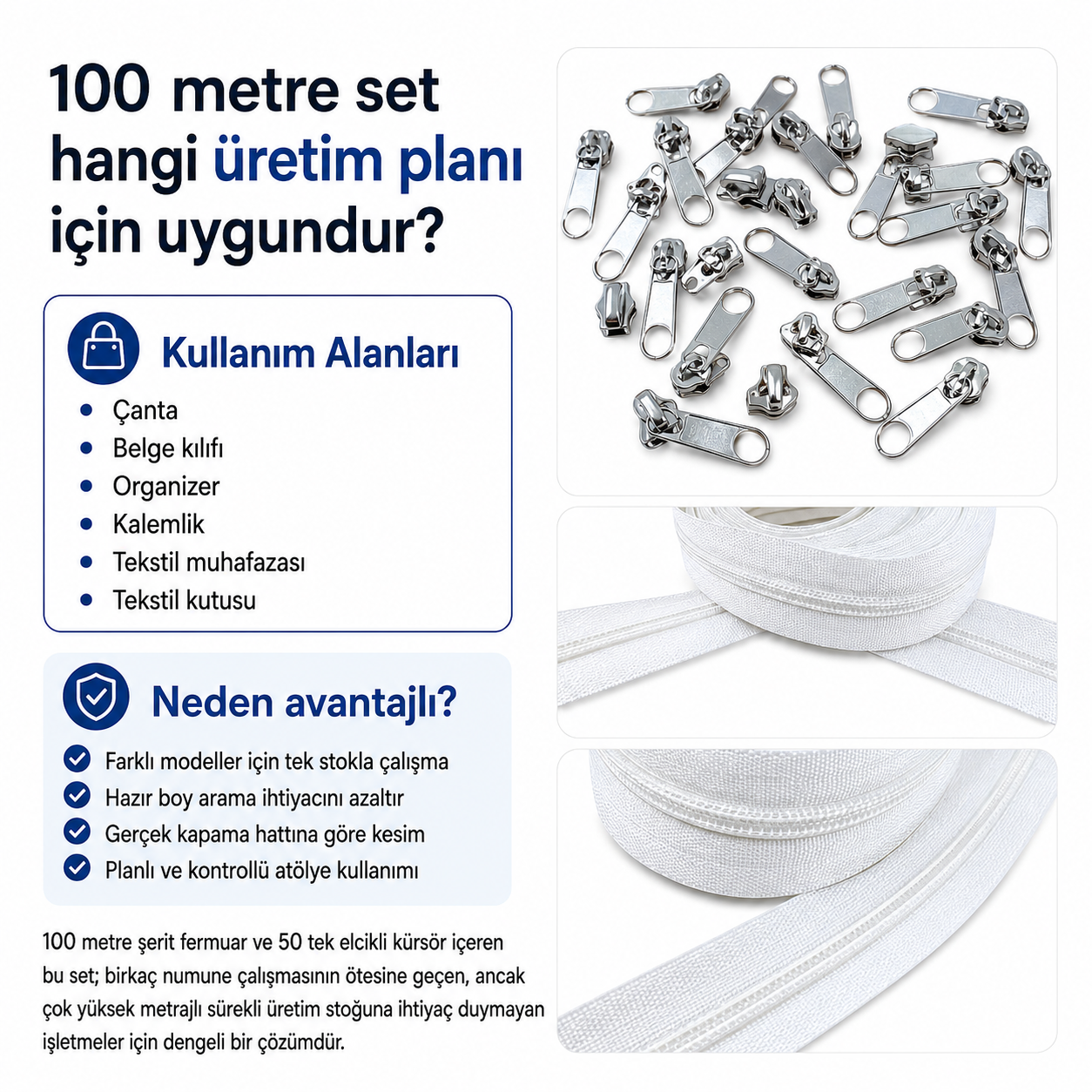 Atölyeler İçin Tip 10 Naylon Şerit Fermuar Orta Seviye Seti – 100 Metre + 50 Tek Elcikli Kürsör ST-T10T-NAYLON-100M50C