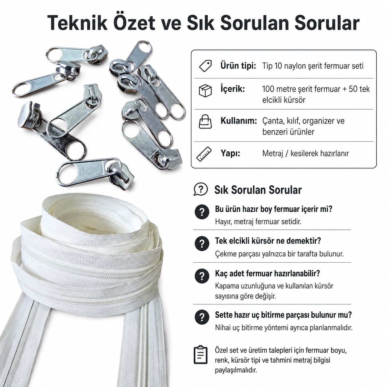 Atölyeler İçin Tip 10 Naylon Şerit Fermuar Orta Seviye Seti – 100 Metre + 50 Tek Elcikli Kürsör ST-T10T-NAYLON-100M50C
